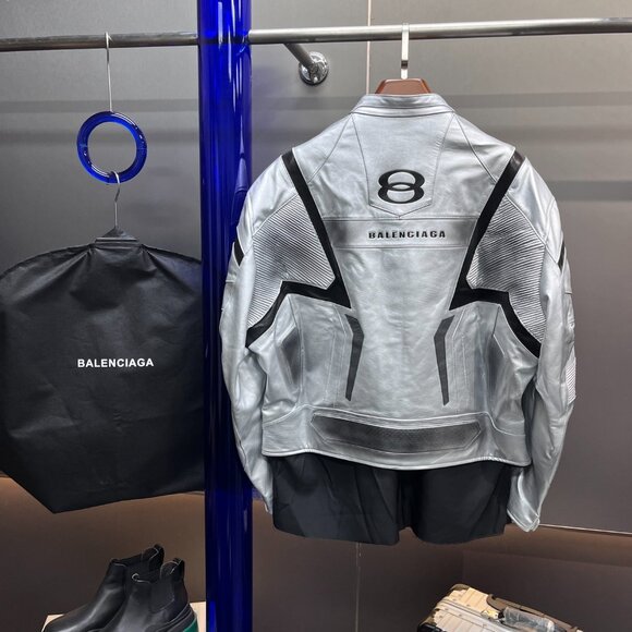 Balenciaga Oversized Leather Bikers Jacket – Silver - Picture 2 of 10